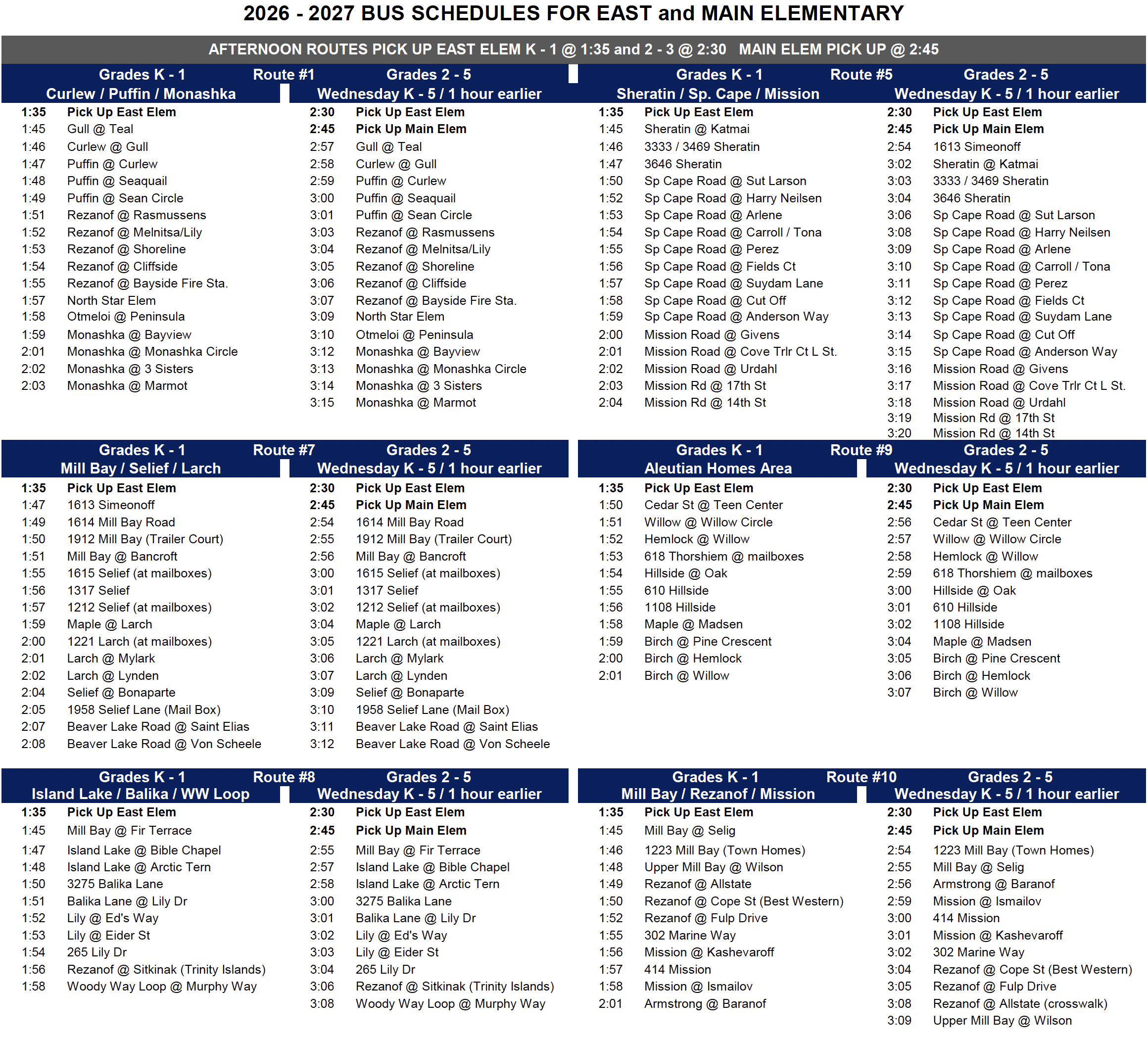 East:Main Afternoon Bus Routes