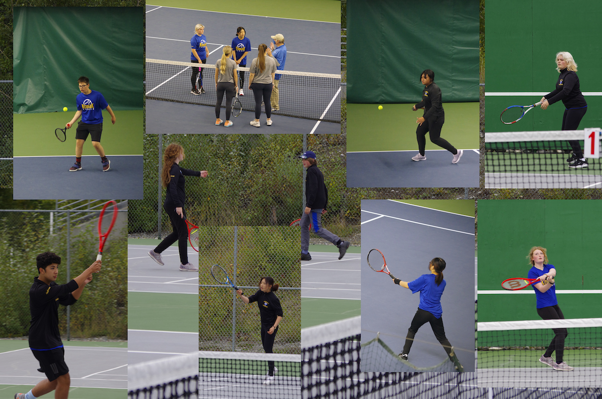 Photo collage of Tennis team players in the action of playing tennis.