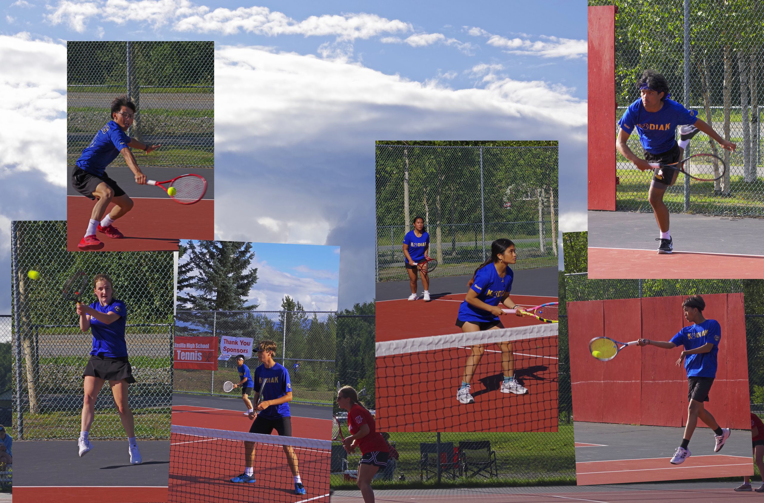 Tennis Wasilla-21Aug26TP Photo collage of Tennis team players in the action of playing tennis.