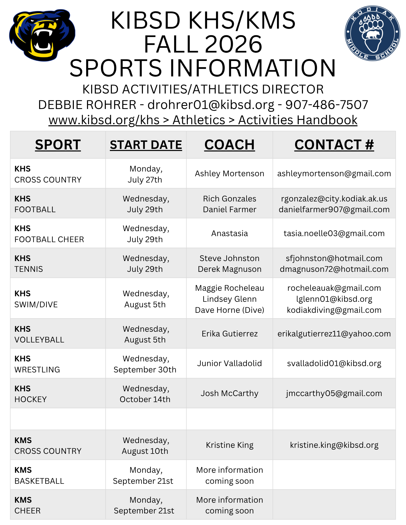 KIBSD 26-27 FALL SPORTS INFORMATION