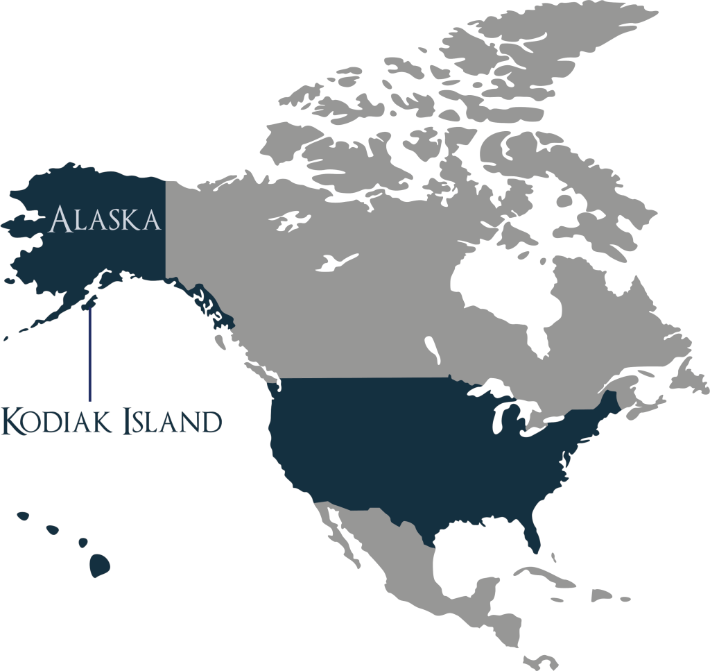 Flat map of North America showing the locations of Alaska and Kodiak Island